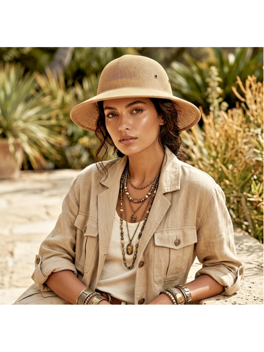Brookstone Safari Vintage Colonial Jungle Molded Straw Hat Adjustable Headband
